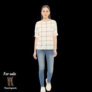 H&M Crêped Jersey Top Ivory with black dotted lines size S EUC